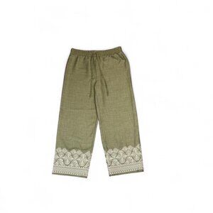 WREN Pants L Olive Green Wide-Leg Embroidered Hem Drawstring Waist Boho